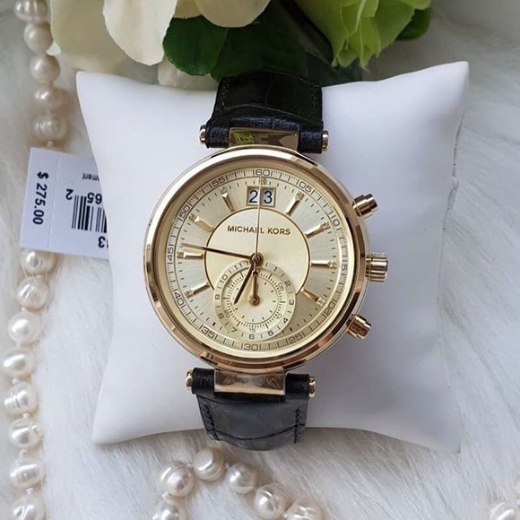 New Michael Kors Sawyer Gold Tone With Black Leather Strap Watch $275 - Picture 2 of 7
